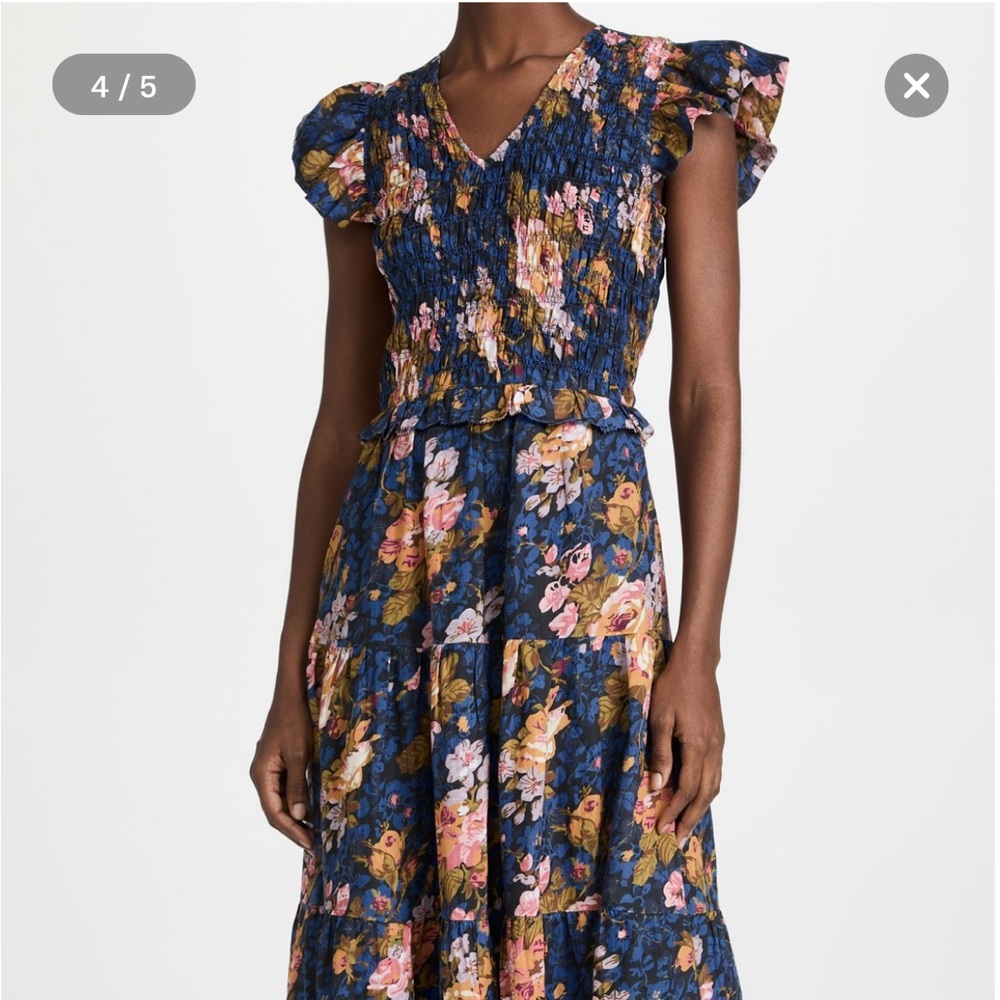 Sea NY Ines Smocked Midi Dress Womens Flutter Sleeve V-Neck Tiered